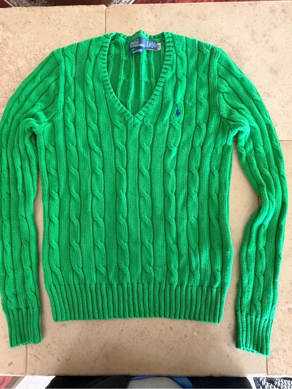 Ralph Lauren Women’s Bright Green Cable-Knit V-Neck Sweater